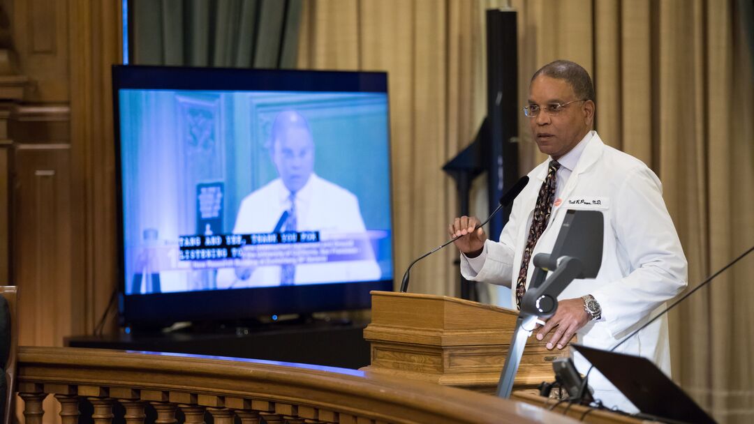 Neil Powe, MD, MPH, MBA, speaks before the San Francisco Board of Supervisors' Budget and Finance Committee in support on the ground lease for UCSF's research building at at Zuckerberg San Francisco General Hospital and Trauma Center (ZSFG), City Hall.